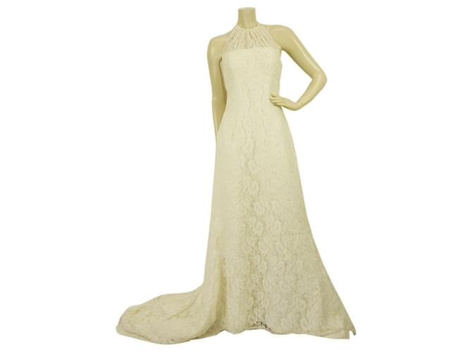 Pronovias White Beaded Floor Length Bridal Wedding Gown Halter Lace Dress 42 It  ref.376839