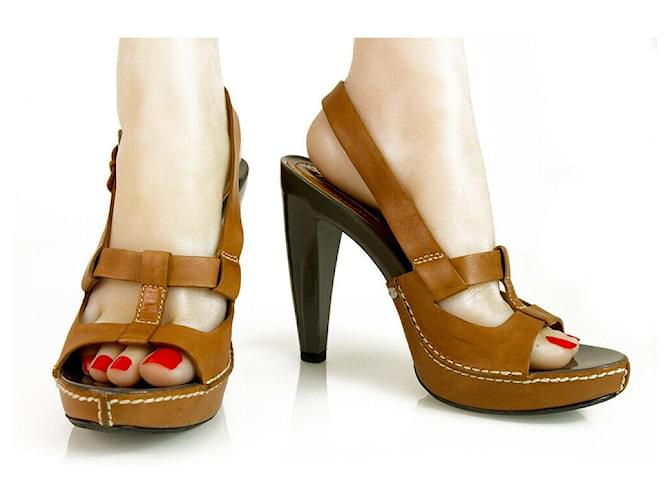 Céline Celine Tan Leather Sandal with High Heel and Platform Slingback Shoes - Sz 39 Brown  ref.377640
