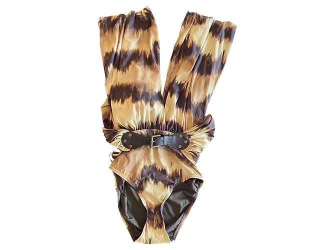 Maiô de uma peça Michael Kors Belted Tie-Dye Striped Jersey Marrom Bege