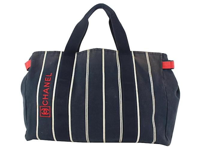 Chanel Navy Blue Stripe Sports Line Duffle Tote bag  ref.378185