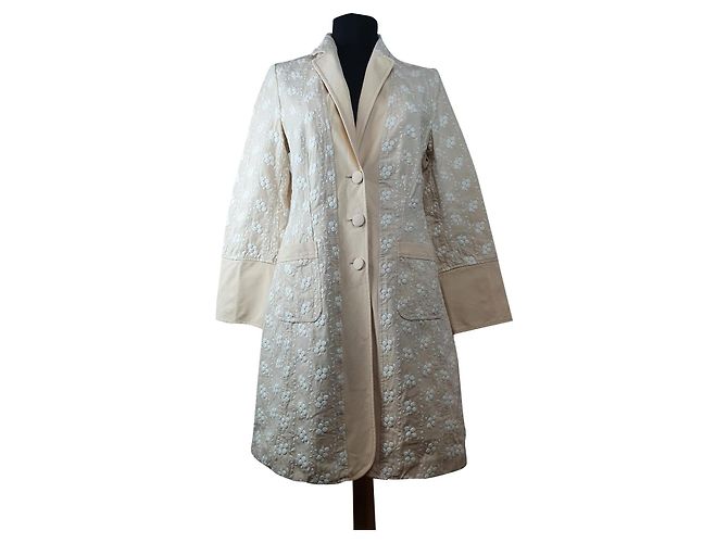 Americana Abrigo Largo Blumarine Beige Bordado Floral Algodón