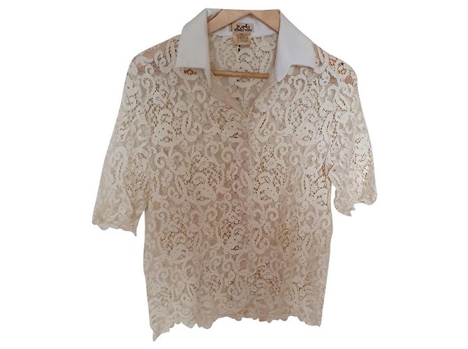 Autre Marque Spitzenbluse Baumwolle Farbe Eggshell Größe 38 Aus weiß