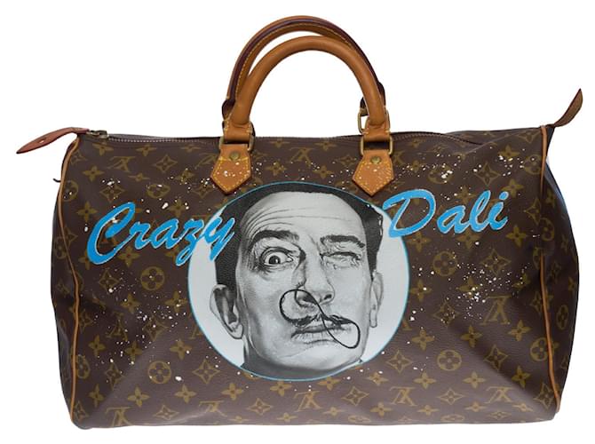 Excelente bolsa Louis Vuitton Speedy 40 em tela personalizada do monograma "Dali está de volta, Dali é louco " Marrom Lona  ref.378605