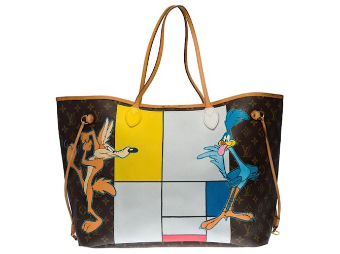 Superba borsa Louis Vuitton Neverfull GM in tela monogram personalizzata "Bip Bip le Coyotte" Marrone  ref.378613