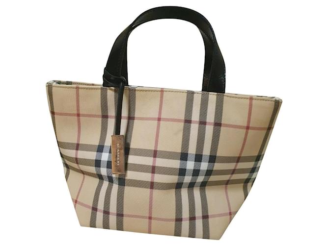Leather-trimmed checked coated-canvas tote