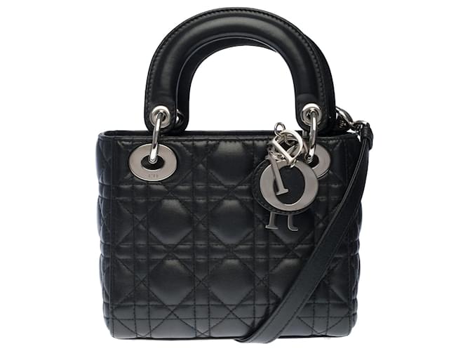 Christian Dior Splendid Dior Mini Lady Dior shoulder bag in black leather cannage, Garniture en métal argenté  ref.378705