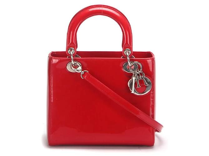 Christian Dior Dior Lady Dior Patent Leather Shoulder Bag in red patent leather  ref.378755