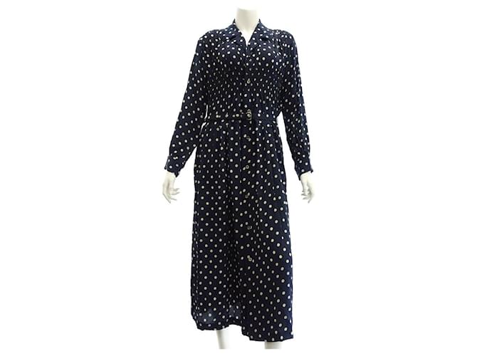 Used] COMME des GARCONS COMME GARCONS 100% silk dot pattern polka dots front opening shirt dress shirring with belt navy ladies Navy - Joli