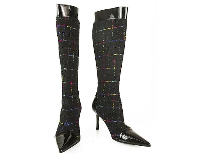 Gina Tweed Fabric Black Patent Leather Boots Slim heels Shoes Back Zipper sz 6  ref.379054