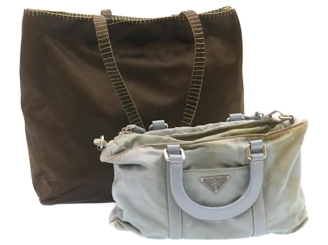 PRADA Tote Shoulder Bag Nylon Satin 2Set Light Blue Brown Auth yt438 Cloth  ref.379272