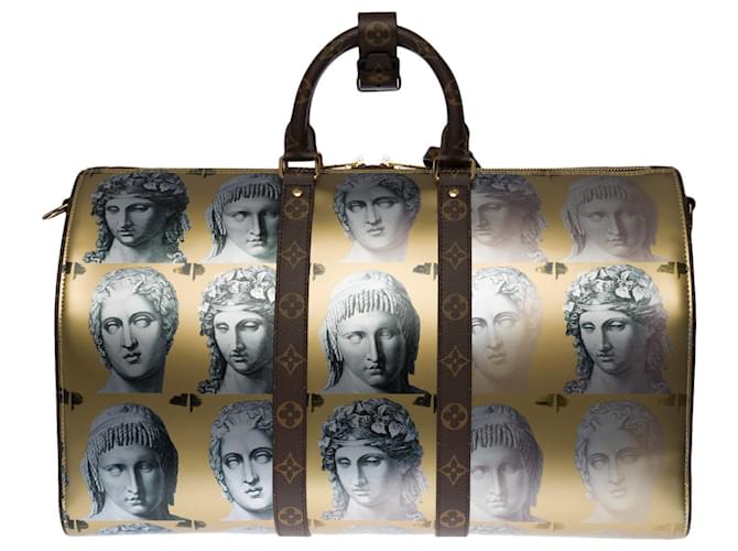 Louis Vuitton Ultra Exclusive -Brand New -FW 2021- Keepall 45 Fornasetti shoulder strap in gold metallic leather Golden Cloth  ref.379320