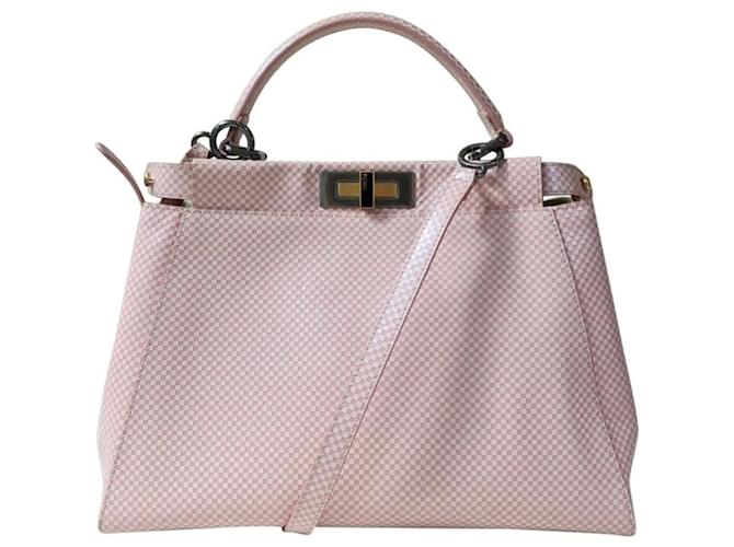 Fendi Pink/White Checkered Leather Sequin Lining Medium Peekaboo Top Handle Bag  ref.379685