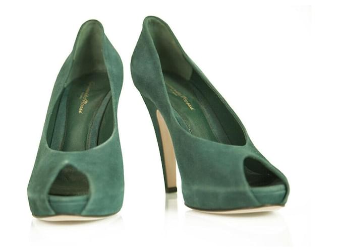 Gianvito Rossi Teal Sea Green Suede Peep Toe Pumps Slim High Heels Shoes sz 41 Light green  ref.379687