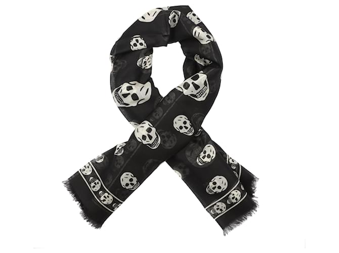 alexander mcqueen Skull silk blend scarf black white Cotton  ref.380029