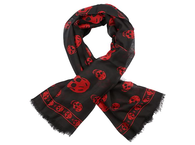 alexander mcqueen Skull silk blend scarf black red Cotton  ref.380070