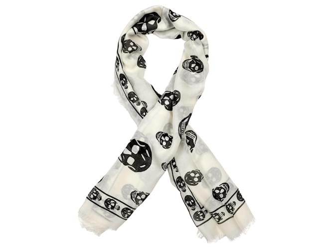 alexander mcqueen Skull silk blend scarf white black Cotton  ref.380083
