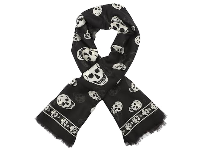 alexander mcqueen Skull silk blend scarf black white Cotton  ref.380090