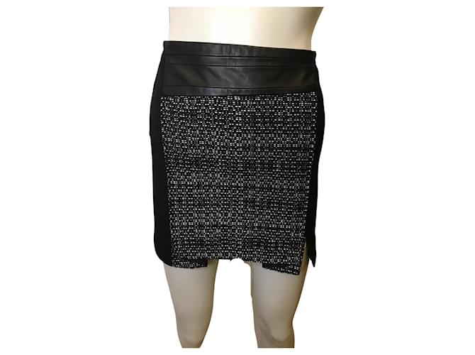 The Kooples Heathered skirt with lambskin insert Black White Polyester  ref.380313