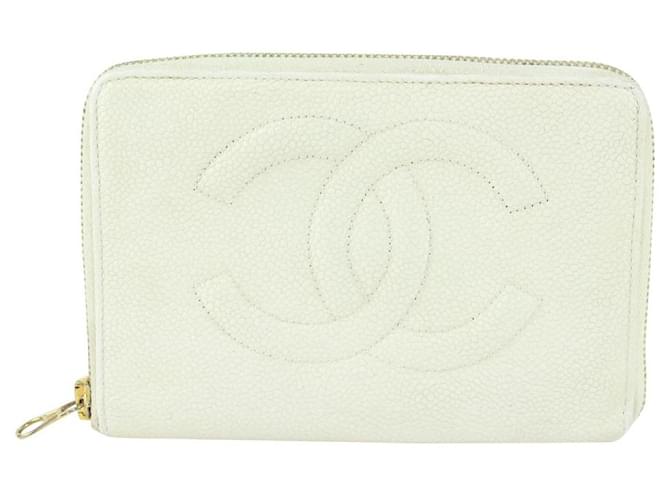 Chanel Logotipo branco Caviar Couro CC Zip Around Wallet Continental  ref.380324