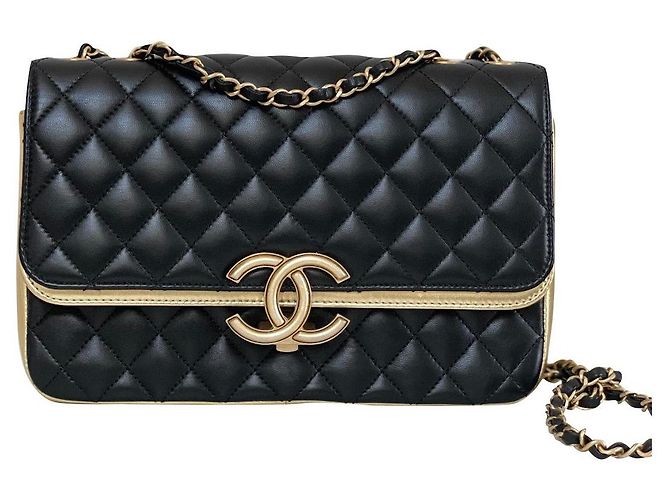 Executive Borsa Chanel Session in pelle nera metallizzata Nero D'oro Metallico