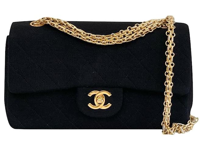Timeless Chanel Vintage Small Classic foderato con patta nera Jersey Bijoux 24k GHW Nero Giovanni  ref.380415