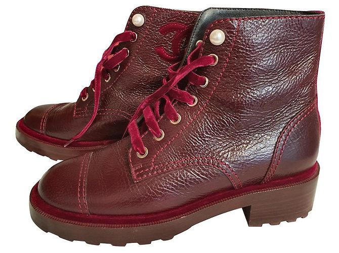 Botines Chanel Rojo Oscuro Cuero y Terciopelo 39 Burdeos