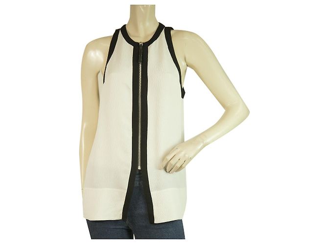 Helmut Lang Ivory & Black Long Silk Blouse Sleeveless Top Front Zip Size S/P White