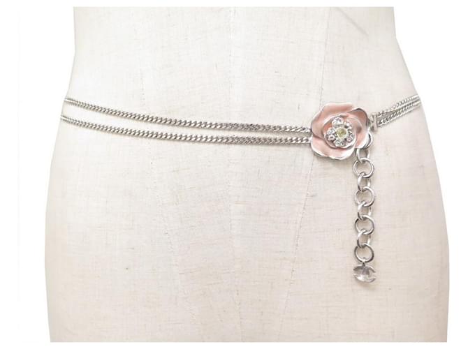 CHANEL CHAIN BELT CAMELIA 75 to 85 CM SILVER METAL STRASS CHAIN BELT Silvery  ref.381706