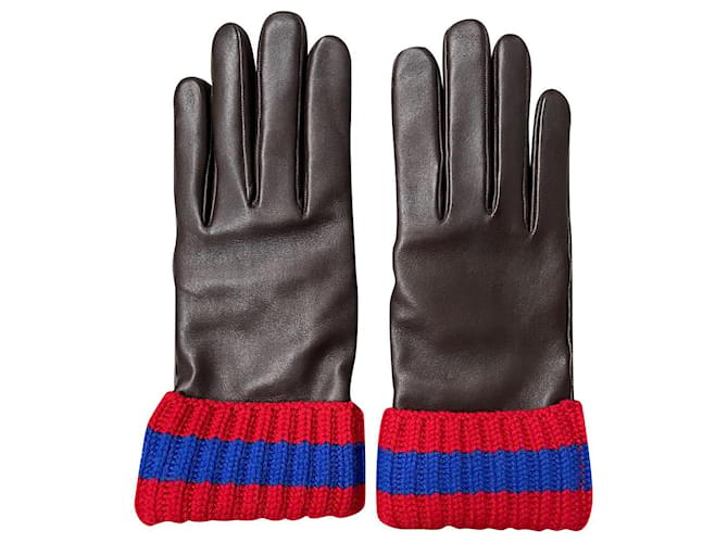 Gucci dunkelbraune Leder-Kaschmir-Webdesign-Handschuhe Rot Hellblau  ref.381874