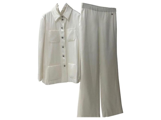 Blusa Calça Chanel Ivory Silk Gripoix Terno Bege