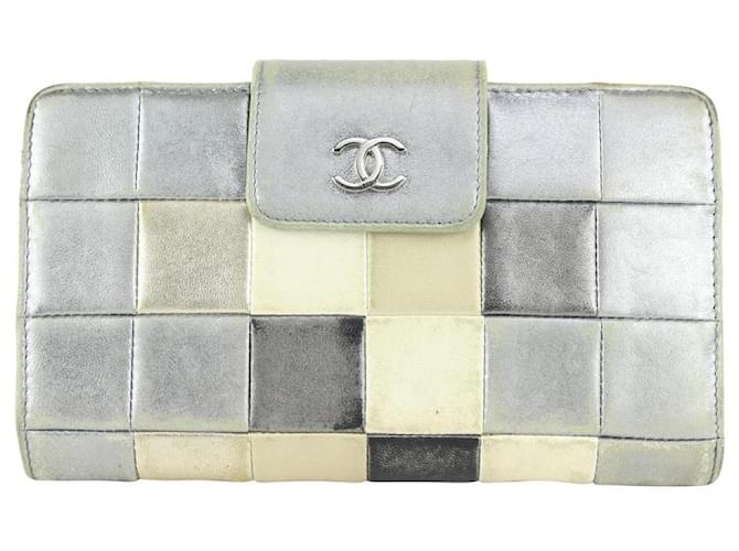 Chanel Silver Chocolate Bar Patchwork Long Bifold Wallet Leather  ref.382467