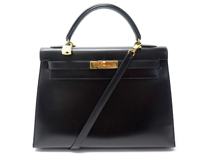 Hermès VINTAGE HERMES KELLY HANDBAG 33 BLACK BOX BANDOULIERE LEATHER HAND BAG  ref.383303