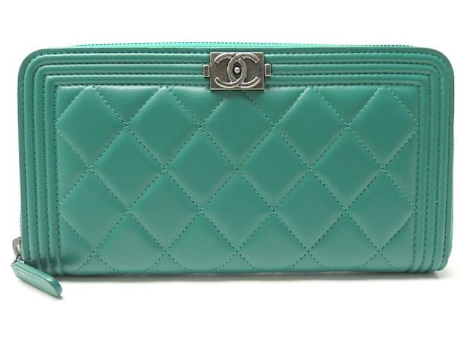 CHANEL Patent Quilted Small Boy Zip Around Wallet Green 1224365