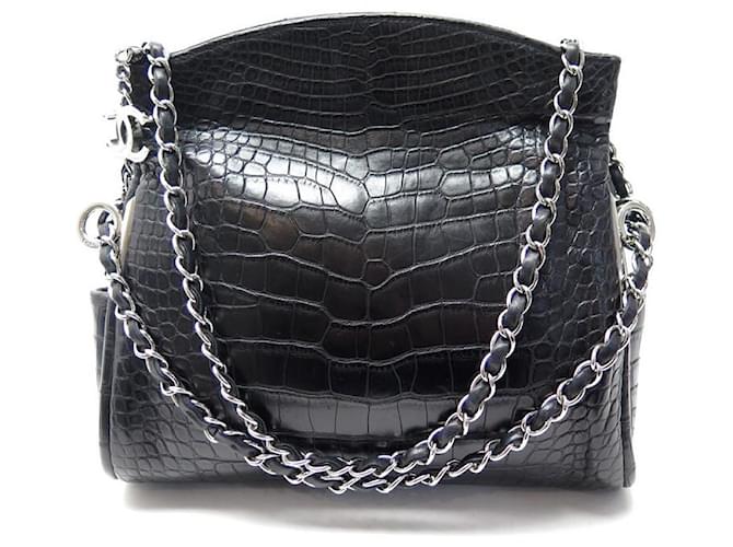 CHANEL CC LOGO HANDBAG IN BLACK CROCODILE LEATHER 2005 BLACK SKIN HAND BAG  PURSE Exotic leather ref.383560 - Joli Closet