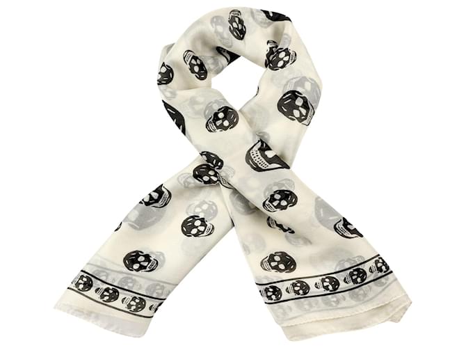 alexander mcqueen Skull silk scarf white black Cotton  ref.383573