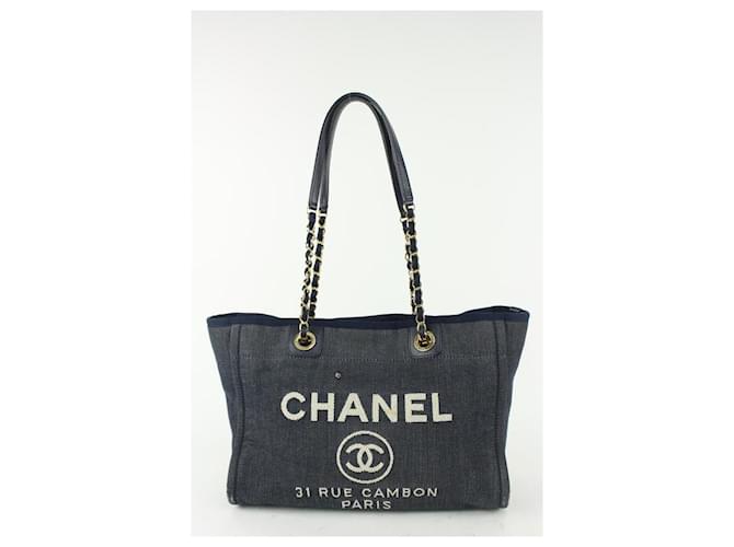 Chanel Borsa tote con catena Deauville in denim blu navy Pelle Giovanni  ref.383699