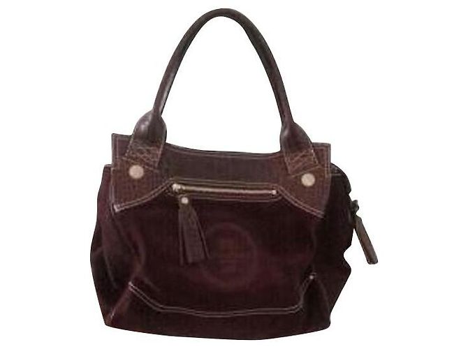 Lancel Crocodile-style split calf leather handbag. Dark brown