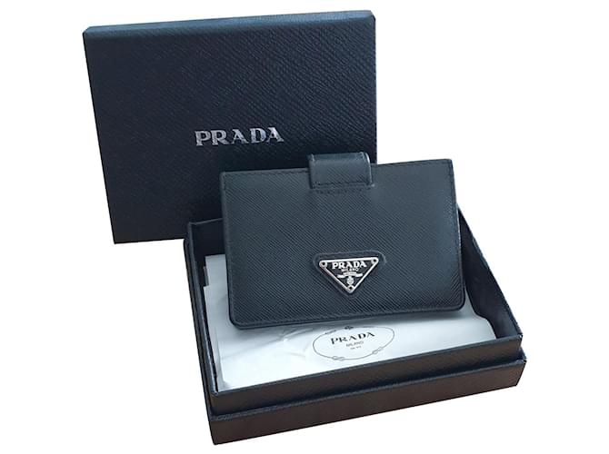 PRADA SAFFIANO LEATHER CARD HOLDER Black/Silver Wallet