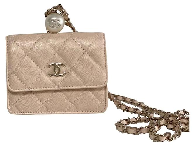 Chanel Card holder with chain Beige Leather  ref.384681