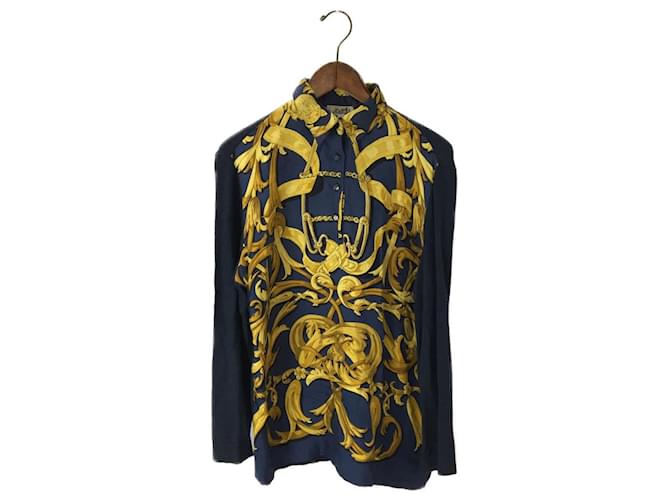 Hermès [Usado] Blusa HERMES Knit Switching Navy Manga Longa Amarelo Azul marinho Seda  ref.384689