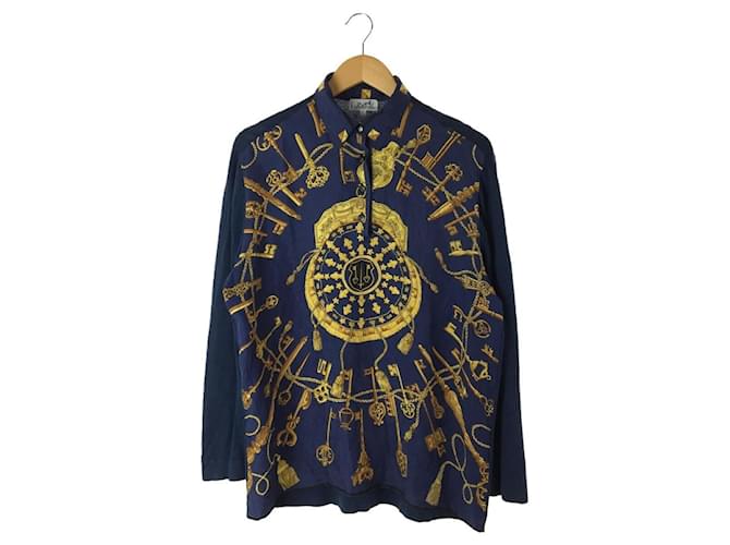 Hermès [Usado] HERMES Camisa de seda de manga larga azul marino Amarillo  ref.384698
