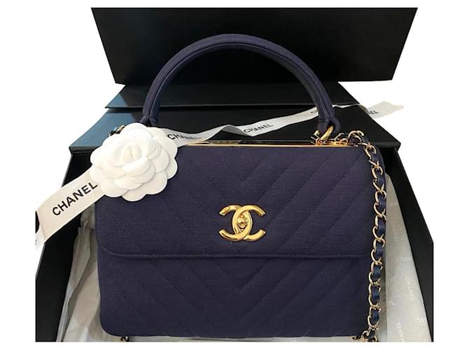 Chanel Chevron Blue Trendy CC flap bag GHW Cotton ref.384733 - Joli Closet