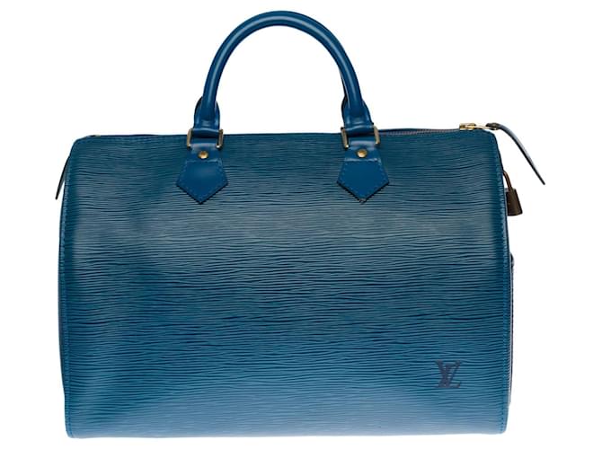 Speedy Bolso veloz Louis Vuitton 30 en cuero azul epi, guarnición en métal doré  ref.385853