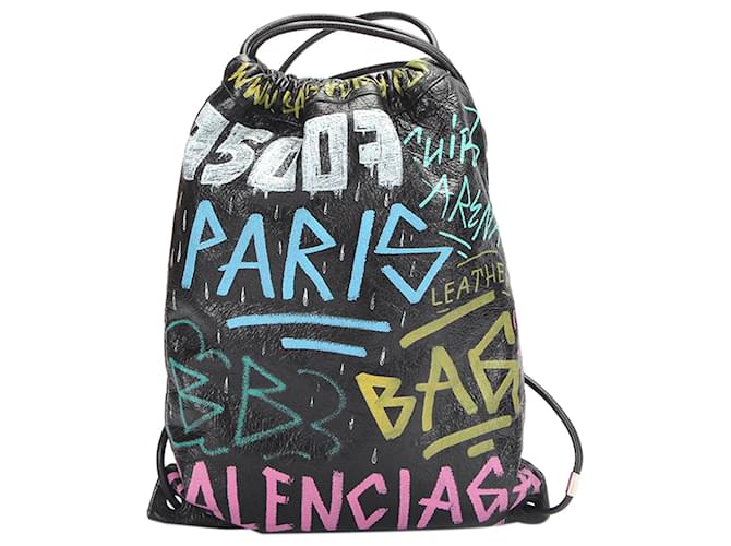 Balenciaga Black Graffiti Explorer Drawstring Leather Backpack Multiple colors Pony-style calfskin  ref.386198