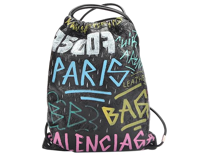 Balenciaga Sac à dos en cuir noir Graffiti Explorer avec cordon de serrage Veau façon poulain Multicolore  ref.386198