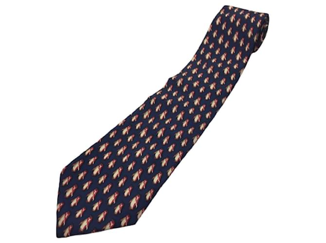[Usado] SALVATORE FERRAGAMO Corbata de seda con estampado de pingüinos Azul marino  ref.386651
