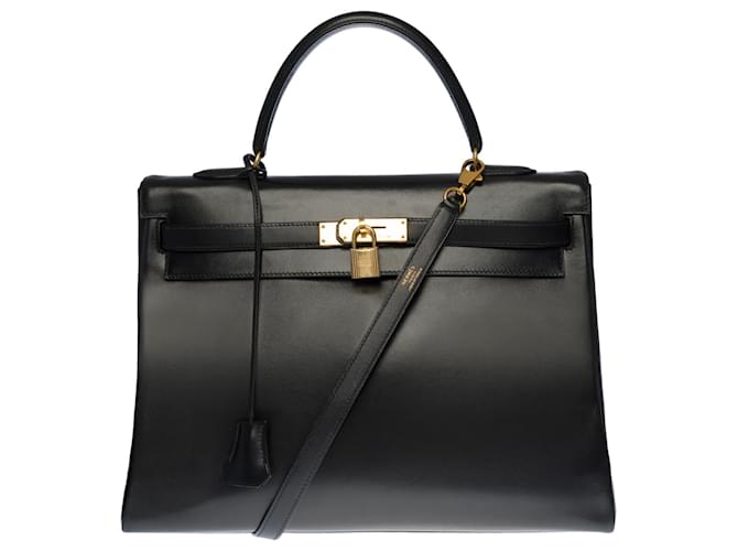 Hermès Impresionante bolso Hermes Kelly 35 bandolera devuelta en cuero box negro , adornos de metal chapado en oro  ref.386831