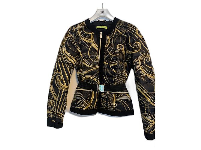 Giacca piumino Versace nera con stampa oro Nero