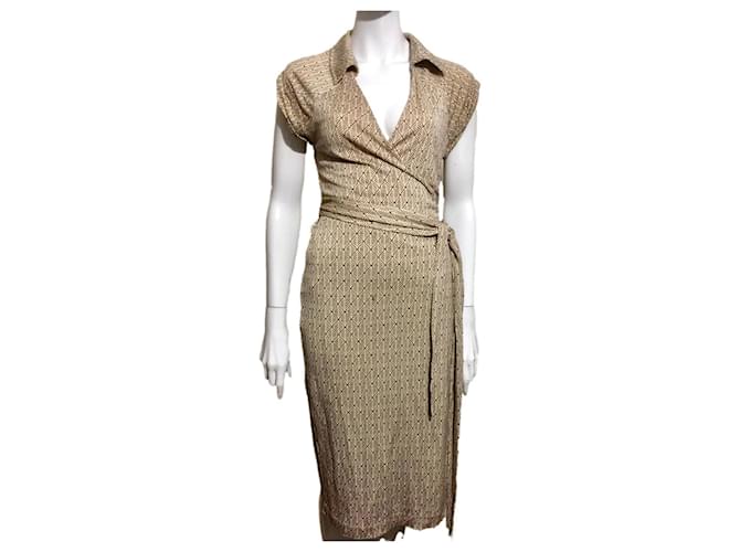 Diane Von Furstenberg DvF vintage wrap dress with collar Brown Beige Silk  ref.387373 - Joli Closet