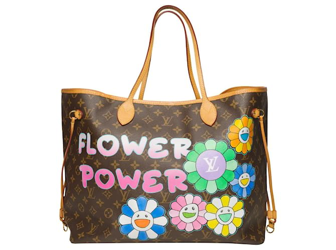Magnífico bolso tote Louis Vuitton Neverfull GM en lona personalizada con monograma "Flower Power" Castaño Cuero Lienzo  ref.387522